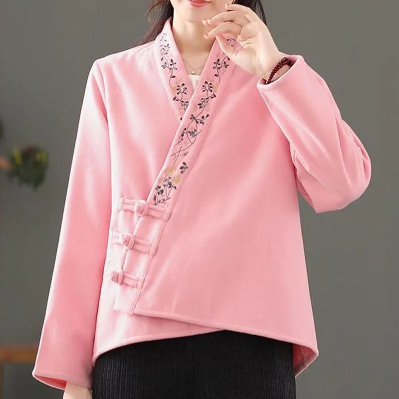 Autumn Winter New Double-sided German Velvet Retro Ethnic Style Embroidered Top Cardigan for Women with V-neck Buckle Loose