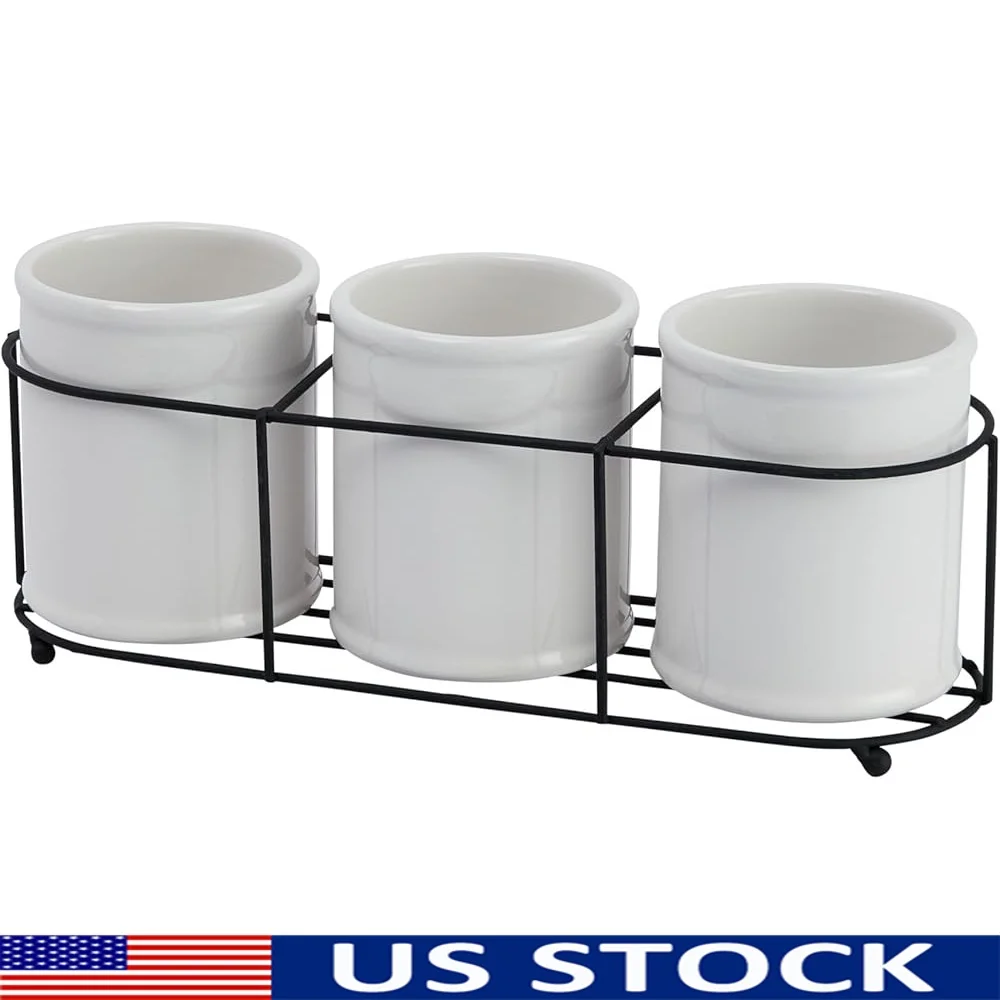 

Set of 3 White Ceramic Crocks with Metal Holder Kitchen Bathroom Storage Decorative Display Dried Flowers Silverware Organizer