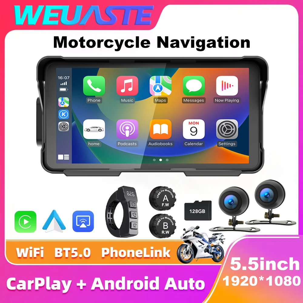 5.5 Inch Motorcycle Wireless CarPlay Moto Android Auto Portable Digital Dashboard GPS Navigation Display Screen Monitor DVR TPMS
