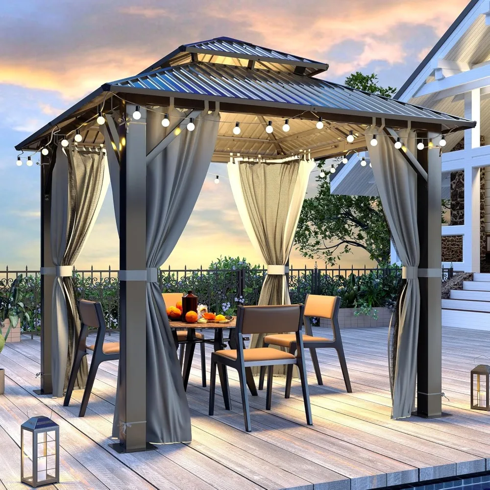 

8.5'x8.5' Hardtop Gazebo, Outdoor Double Roof Galvanized Steel Gazebo, Aluminum Frame Permanent Pavilion with Curtains & Netting
