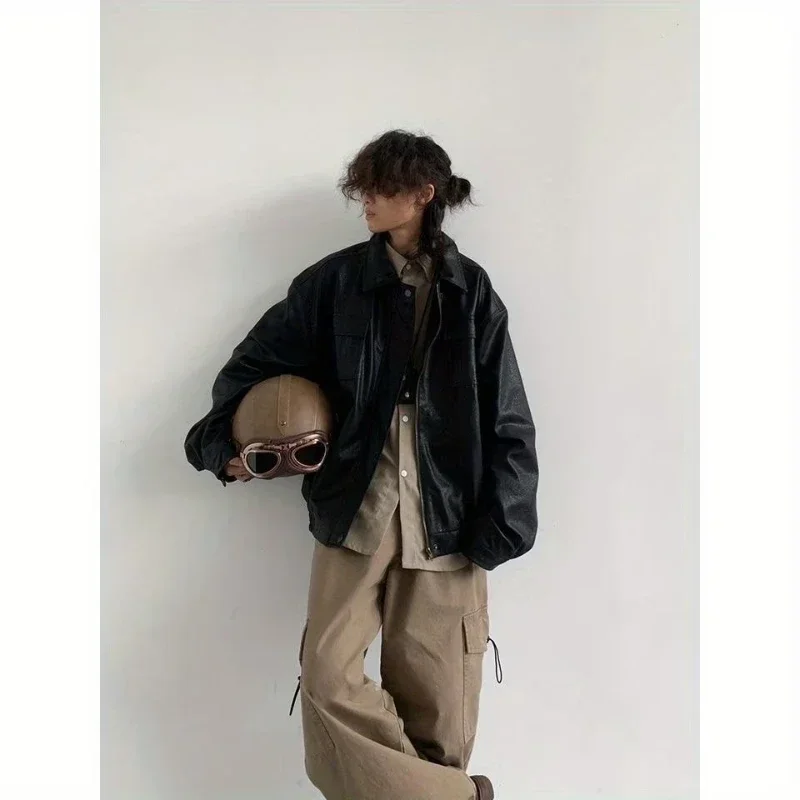 Chaqueta de cuero de piloto de motocicleta para hombre, abrigo corto de Pu suelto Retro, ropa de calle informal japonesa, prendas de vestir de