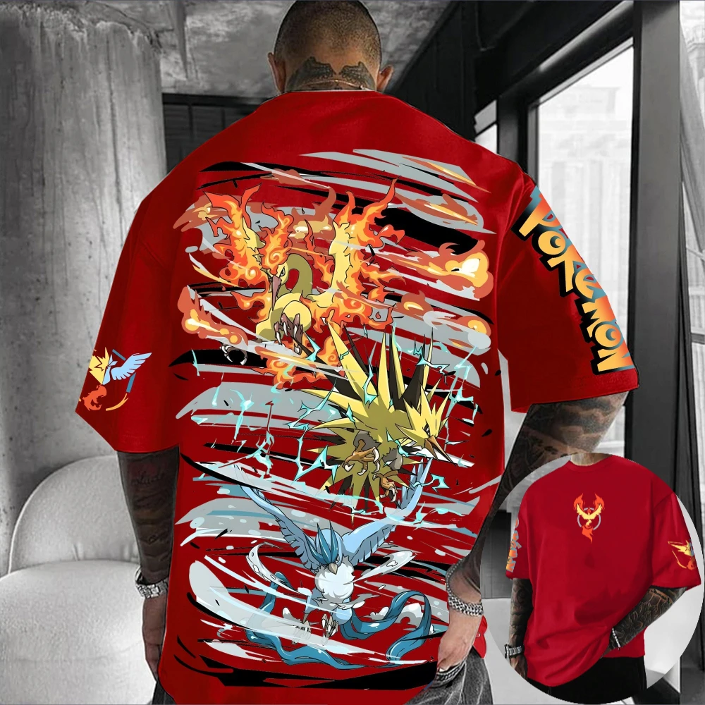 Camiseta Pokémon masculina e feminina Moltres Zapdos Articuno Anime Tee Verão para meninos e meninas com mangas curtas, roupas para pais e filhos