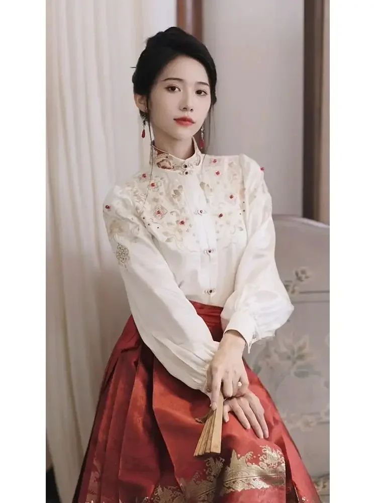 Oversized Chinese Hanfu Shirt and Horse Face Skirt Set Women\'s Clothing Plus Size High End Shirt Red Gold Horse Face Skirt Set