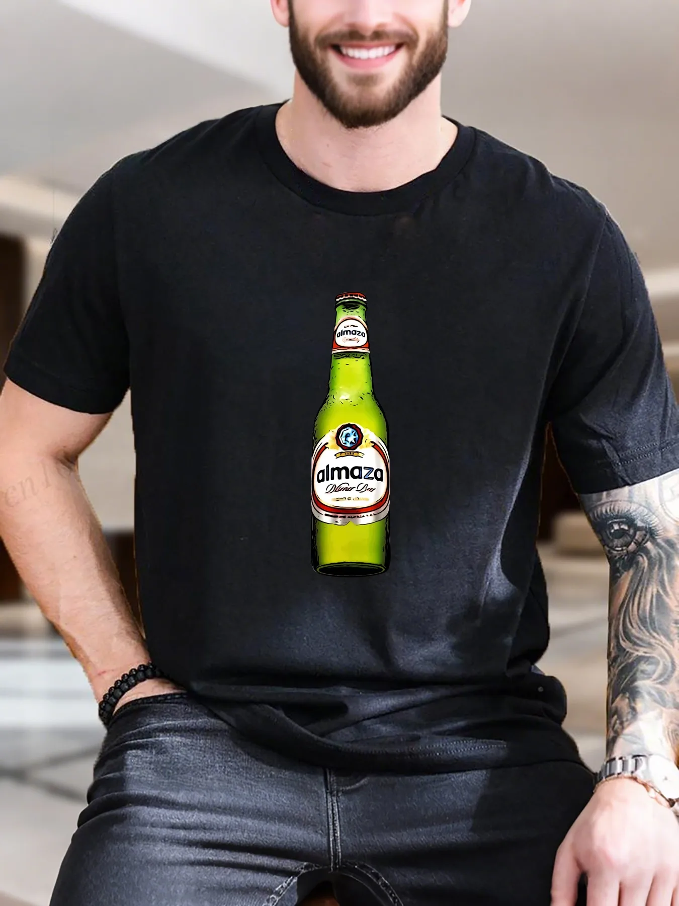 

Men's Printed Short Sleeve T-Shirt - 100% Cotton Breathable Tee with Trendy Beer Label Design, Casual Summer Comfort Fit