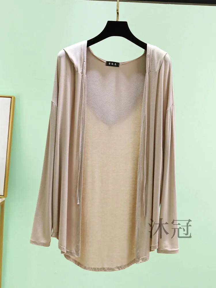 Kardigan Panjang Wanita Berkerudung Model Terbuka Bahan Modal Musim Panas Longgar Ukuran Besar Pelindung Sinar Matahari Pendingin Udara Panjang Sedang...