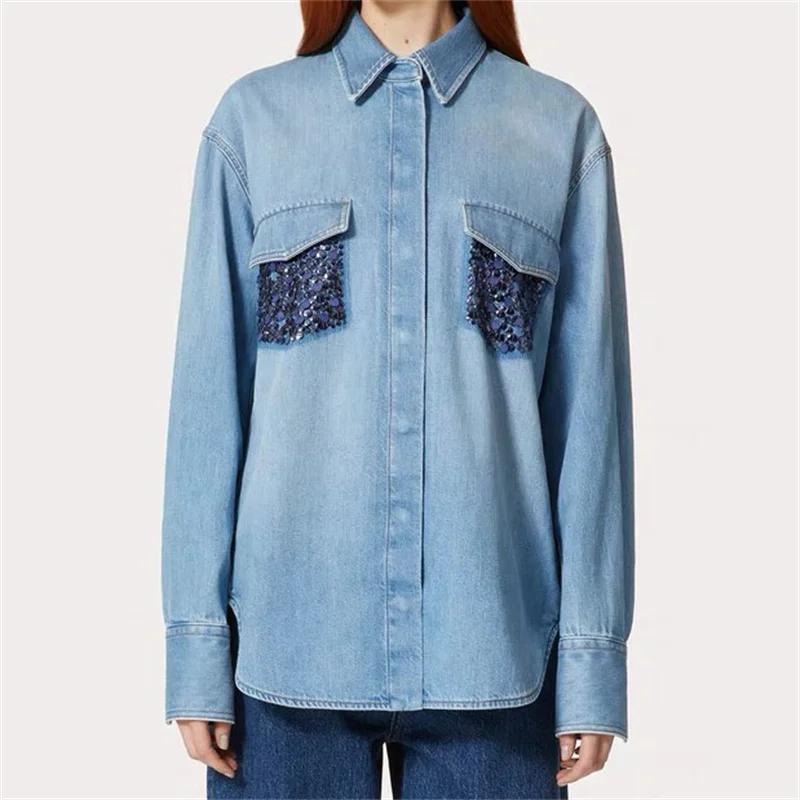 

Women's blouse 2024 Spring New Retro Washed Women's Shirts Pure cotton denim long sleeved top Thin coat with sequin decoration