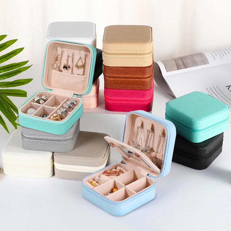 Solid Color Jewelry Display Organizer Portable Zipper Jewelry Box Travel Jewelry Case Multifunctional Leather Storage Box Gifts