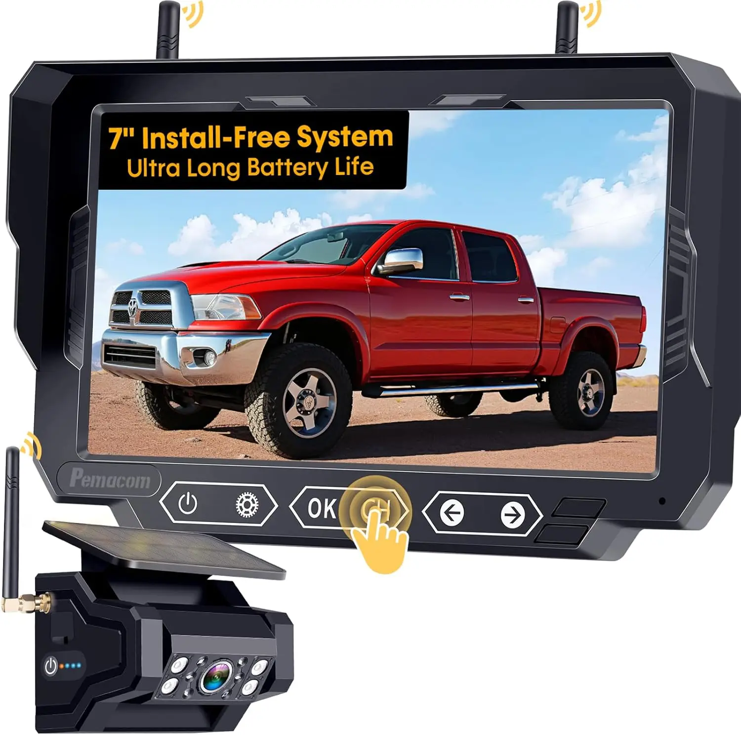 

1080P HD Wireless Backup Camera with 7" Monitor, Magnetic Easy Install, Solar 24H Battery, Clear Night Vision for Truck Trailer