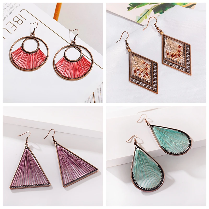 Boho Multi-Style Handmade Thread Wrapped Earring for Women Fashion Rope Wrap Round Triangle Dangle Earrings Female Jewelry Gift