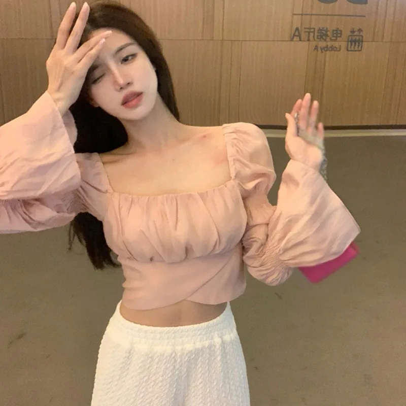 Women\'s Square Collar Sweet Bow Bandage Chiffon Shirt Long Sleeves Summer Blouse Korean Pop Hottie Preppy Style Elegant Tops