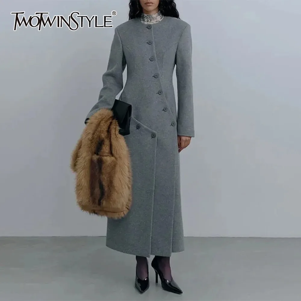 

TWOTWINSTYLE Gray Spliced Buttons Jacket Female O Neck Long Sleeve Slimming Irregular Streetwear Women's Jackets Autumn Fashion