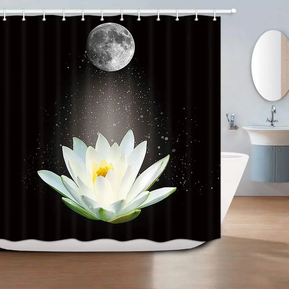 Magic Lotus Floral Shower Curtain Waterlily Flower and Moon in Night Fabric with Hooks Asian Spa Zen Bathroom Curtains