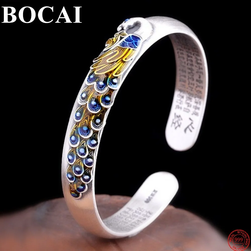 

BOCAI S999 Sterling Silver Bangle for Women Matte Fashion Cloisonne Peacock Engraved Heart Sutra Woman's Bracelet Free Shipping