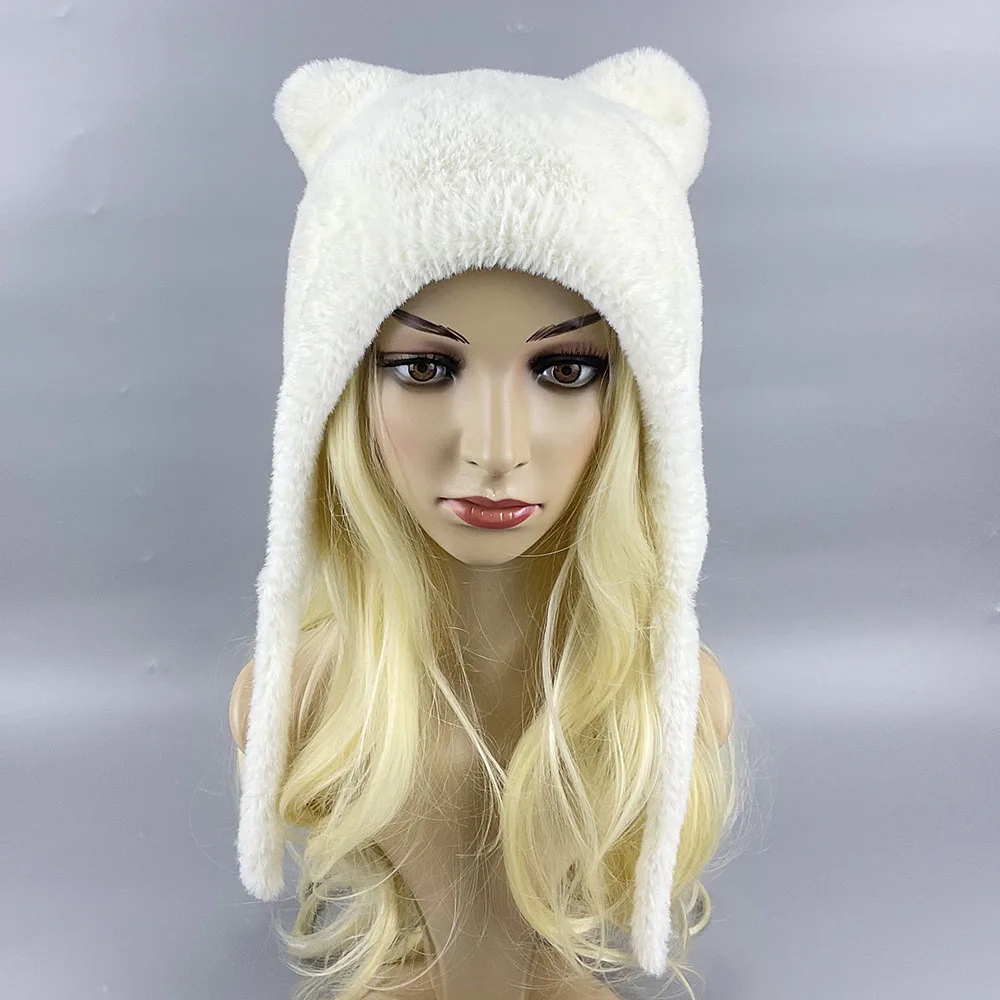 2024 New Winter Warm Earmuffs Cute Little Bear Short Tail Pilot Hat Faux Rabbit Fur Thickened Fluffy With Ear Flap For Women Cap