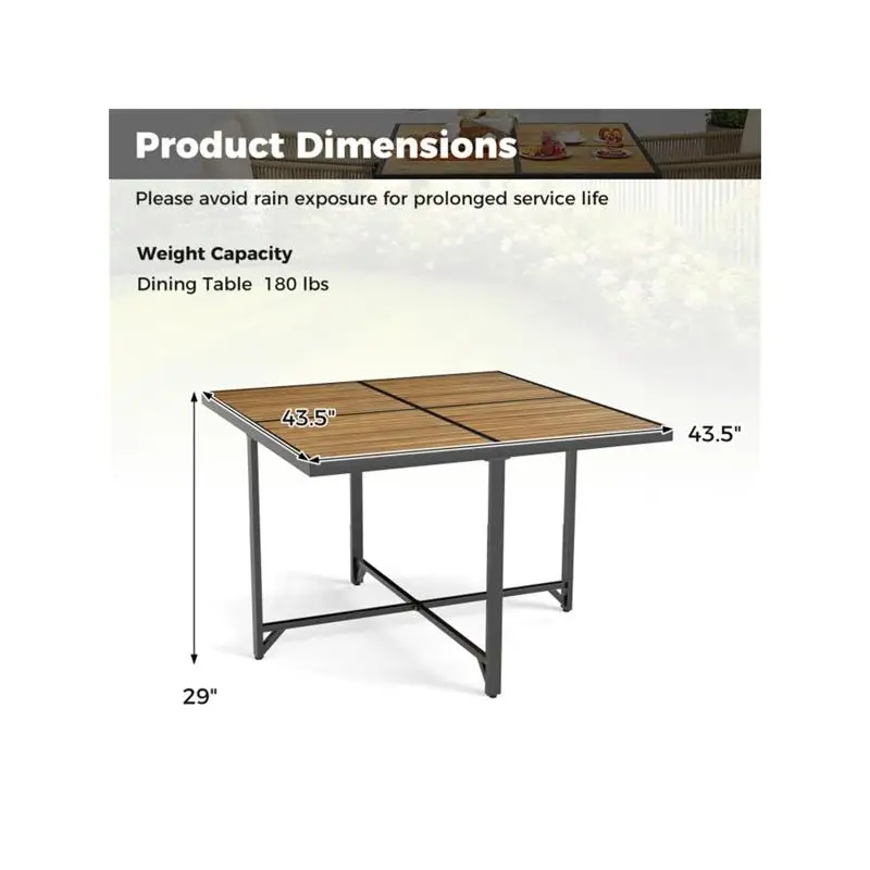43,5 inch vierkante buitentafel van acaciahout - metalen X-frame, stoelen 4, natuurlijke afwerking, zwarte accenten, capaciteit van 180 lbs