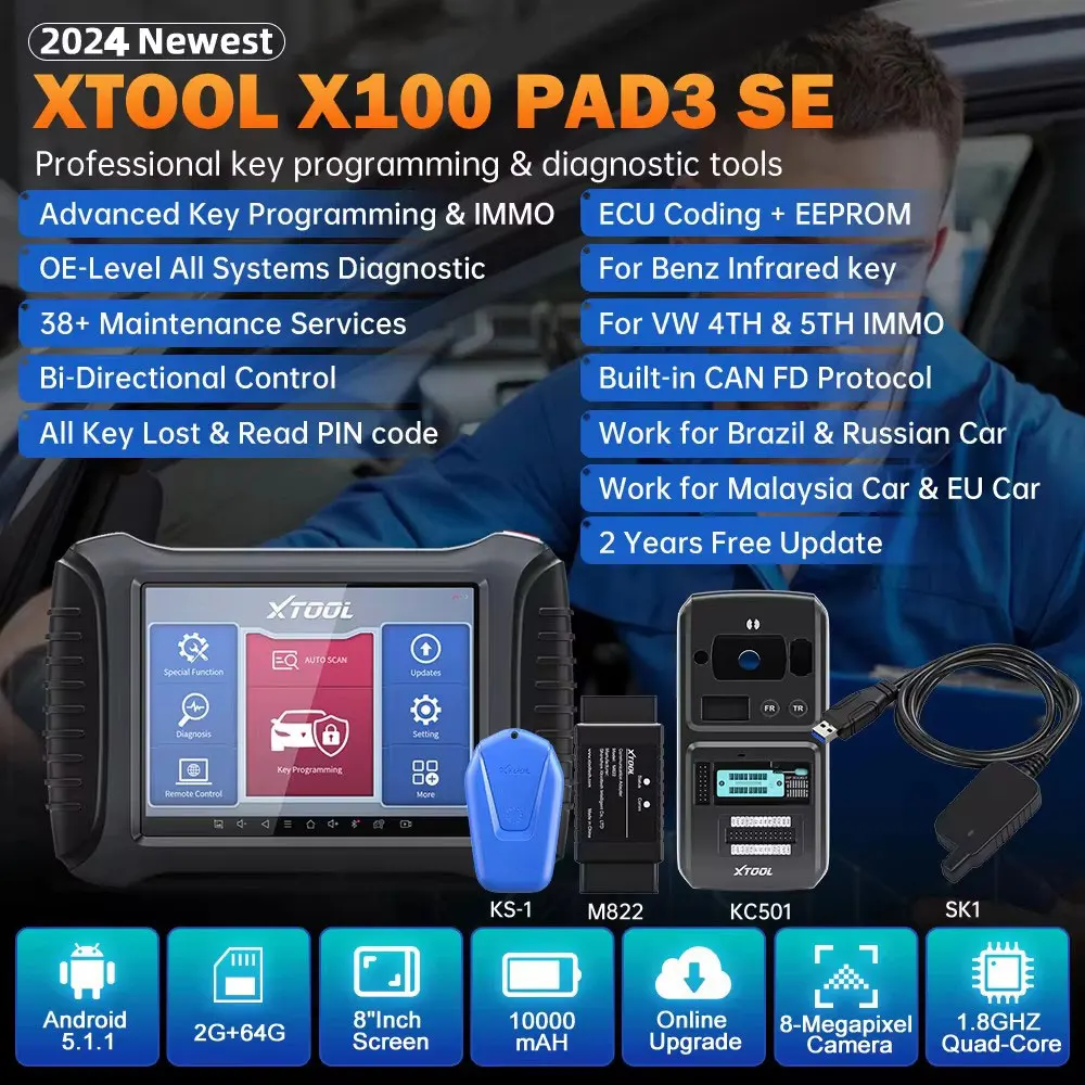 XTOOL X100 PAD3 SE Programmatore di chiavi automatiche con KC501 per benz/GM Tutte le chiavi perse Strumenti diagnostici automatici CAN FD integrati