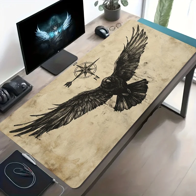 CIFBUY Large Gaming Mouse Pad  Raven Compass Retro Sketch Non-slip Washable Rubber Base Oversized Desk Mat Office Computer Decor