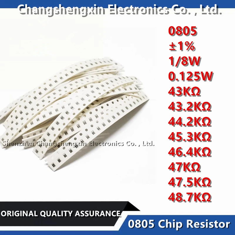 100PCS 0805 SMT Chip Resistor Tolerance ±1% 1/8W 0.125W Resistance 43KΩ 43.2KΩ 44.2KΩ 45.3KΩ 46.4KΩ 47KΩ 47.5KΩ 48.7KΩ Ohms