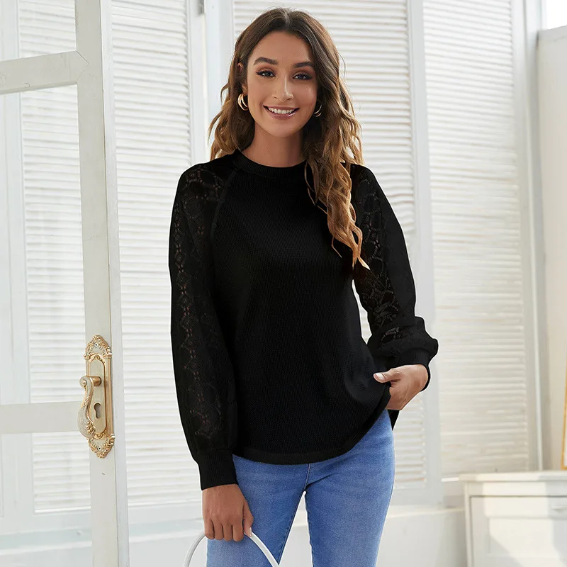 

2023 Autumn Women's New Fashion Commuter Solid Round Neck Lace Panel Waffle Loose Sleeve Casual Comfortable Versatile Top