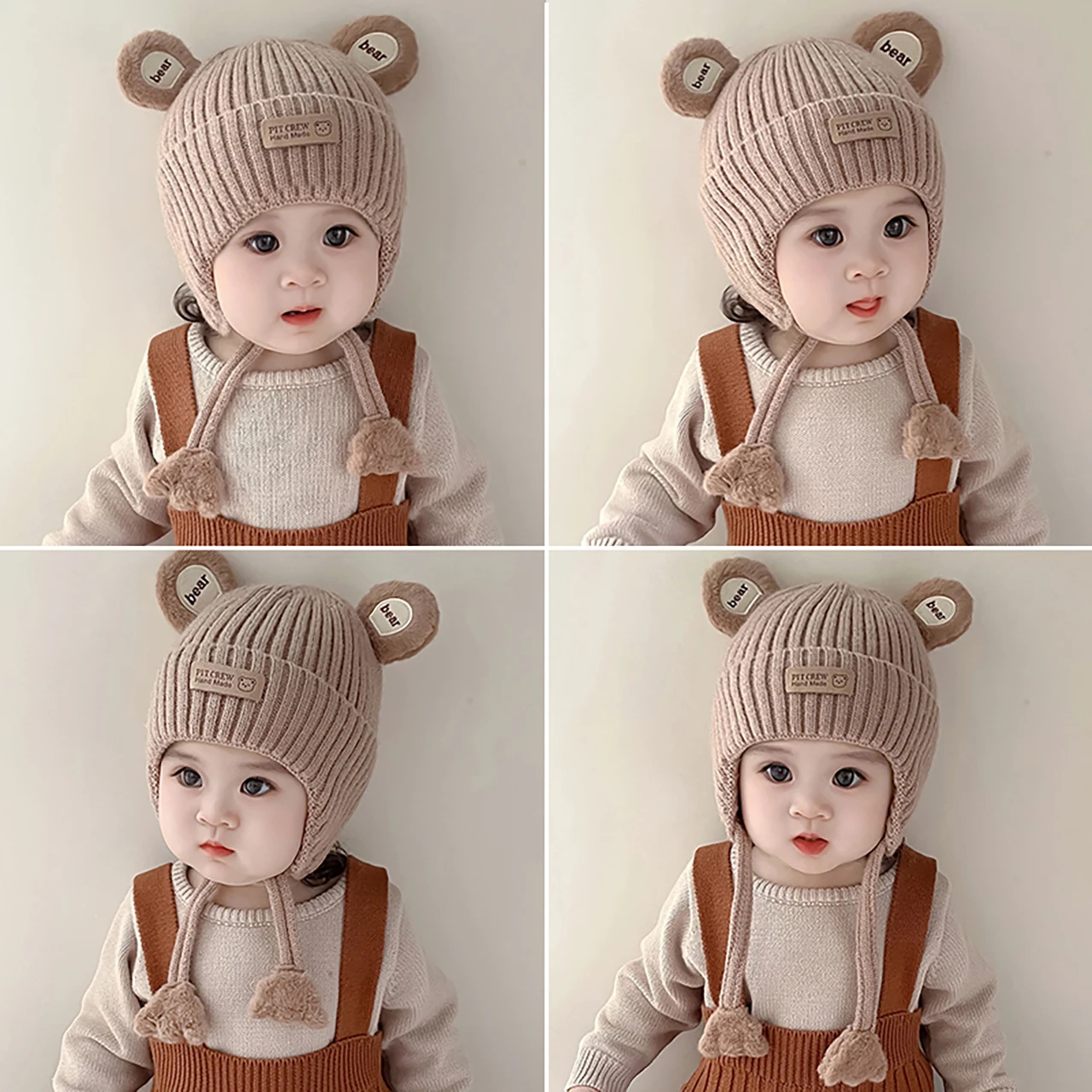 

Cute Bear Toddler Beanie Cap Winter Warm Ear Protection Cap Kids Anti-cold Cotton Lining Lacing Infant hicken Knitted Hat