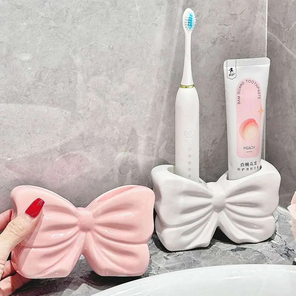 Durable Ceramic Bow Toothbrush Holder Pink White Creative Brush Holder Toothpaste Storage Rack