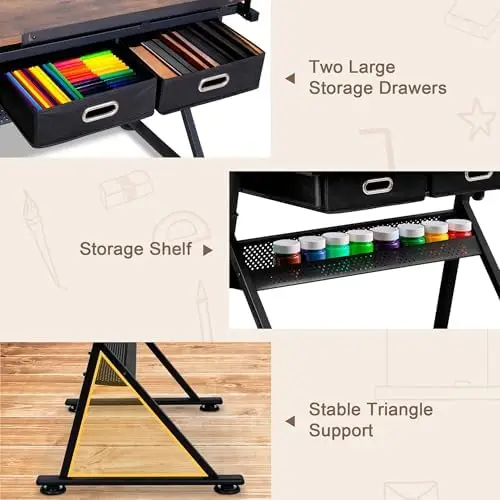 Adjustable Drafting Table with Stool, Tilting Drawing Desk Artist Table with Storage Drawers, Art Craft Workstation for view 6