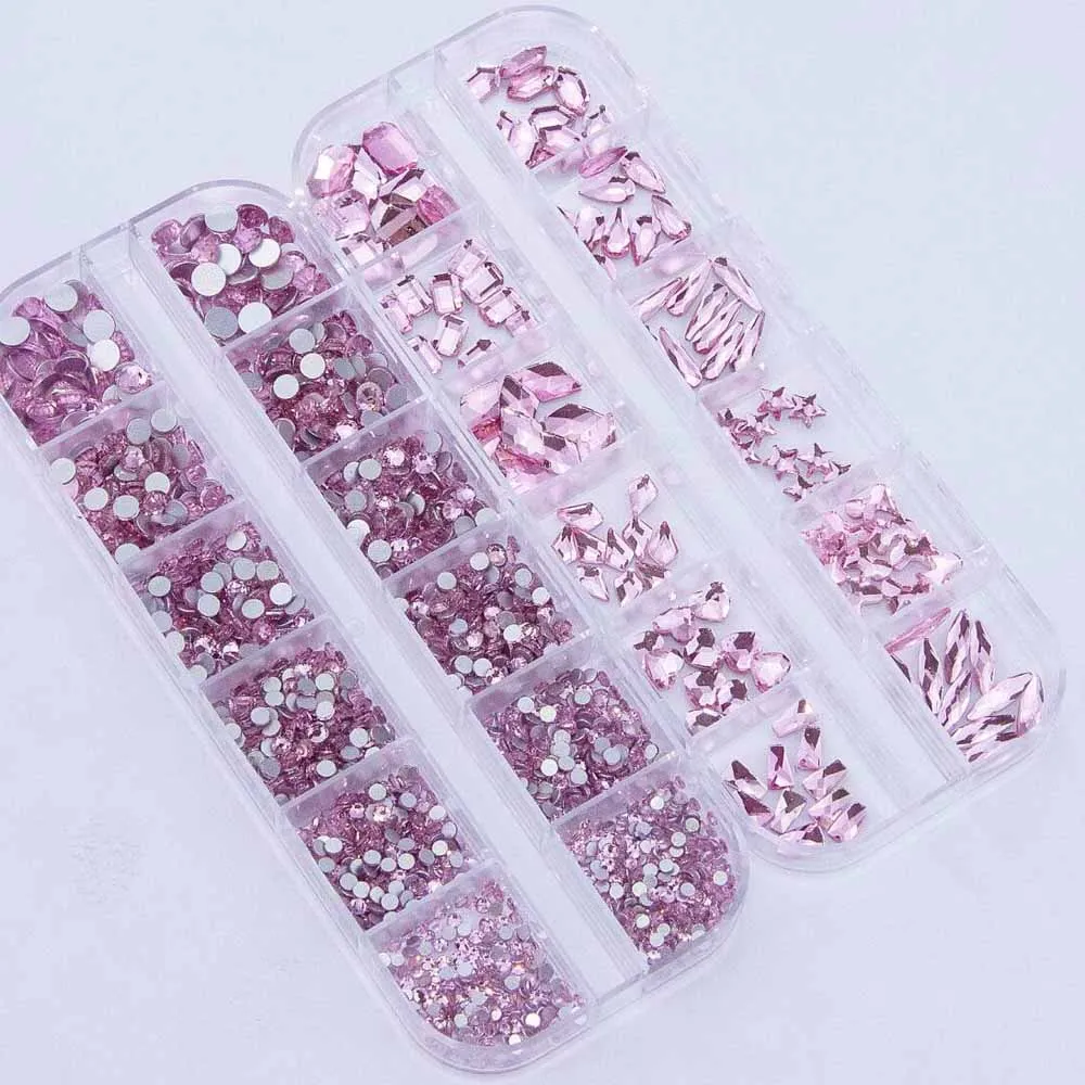 2Boxes(24grids) 3D Sakura Pink Nail Art Rhinestones Multi Shapes Flatback Diamonds Nail Charms DIY Crafts Clothes Makeup Decor