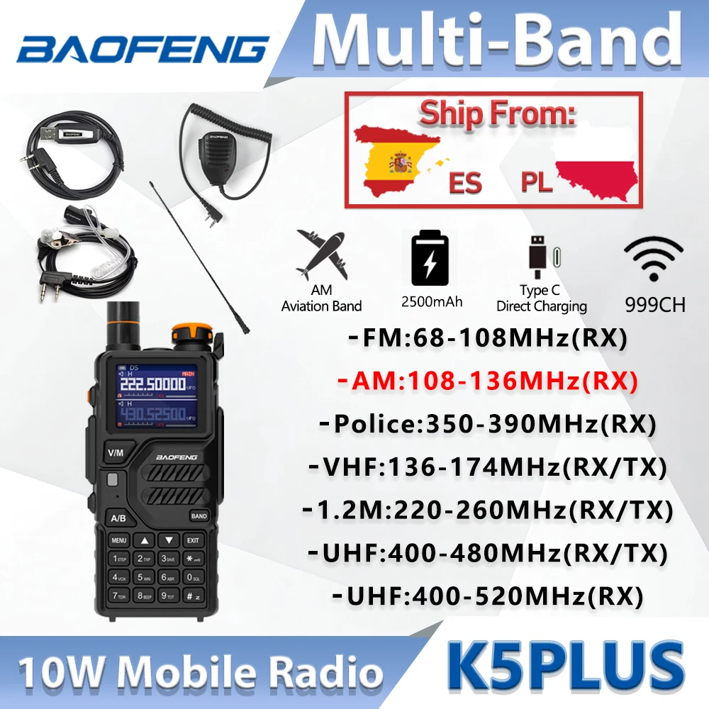 Nieuwe Baofeng K5PLUS 10W AM/FM Walkie Talkie Multi-Bands 999CH 2500mAh lange afstand Handheld Radio