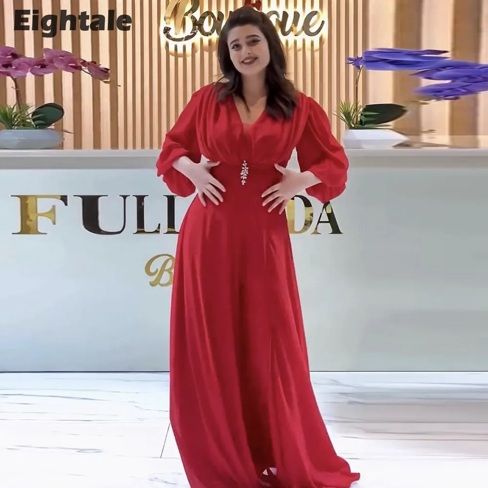 

Eightale Elegant Evening Dress Red V-Neck Beaded Long Sleeves A-Line Chiffon Prom Wedding Party Gown Arabic Robes De Soirée