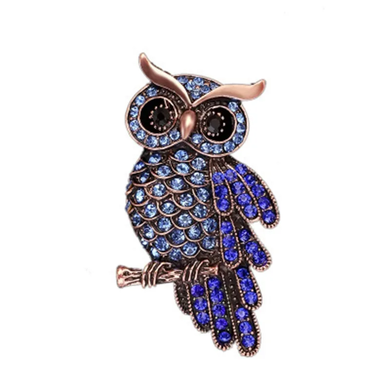 Delicate Crystal Eyes Owl Brooches Korean Zinc Alloy Imitation Rhinestone Blue Brooch Badge Pin Women Gifts Accessories Jewelry