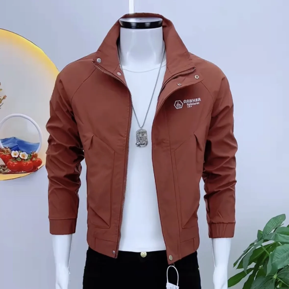 

Casual Sli Men's Jaet Spring Autumn Faion Trend Youth Versatile Outerwear Stand Fit Long Sve Polyester Jaet