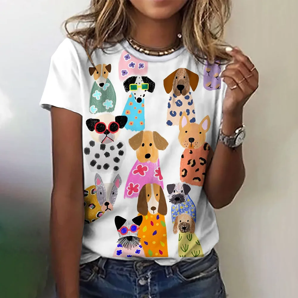 Cartoon Animal Print Women\'s T-Shirts Fashion Top Short Pullover Sleeved O-Neck Tee Shirt Female Harajuk Polyester Clothing 2024