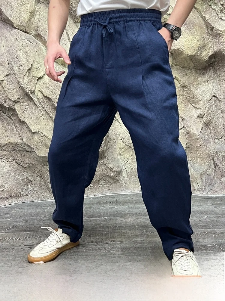 

Cool Feeling Linen Men's Elastic Waist Loose Casual Pants Versatile Straight Leg Long Trousers for Spring Summer
