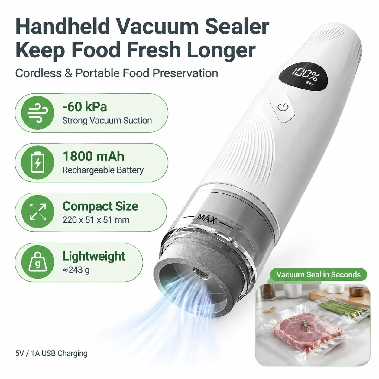Handheld Vacuum Sealer, Portable Food Vacuum Packer for Kitchen, Household Food Preservation Machine