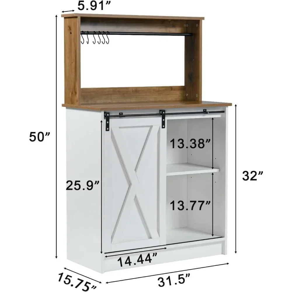 Farmhouse Coffee Bar Cabinet with 6 Hooks, White Coffee Bar Hutch with Storage, 50 Inch Buffet Cabinet with Sliding Barn Door