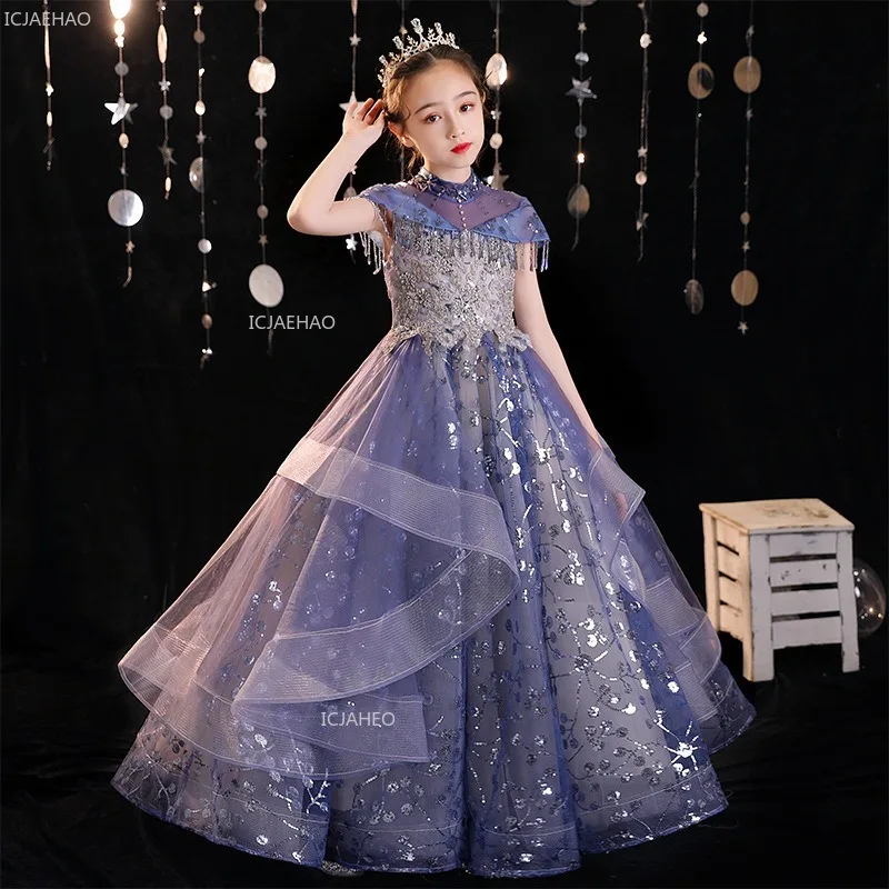 

Girls Puffy Tulle Princess Party Dress Flower Girl Piano Performance Evening Party Host Wedding Pageant Gown Children Birthday