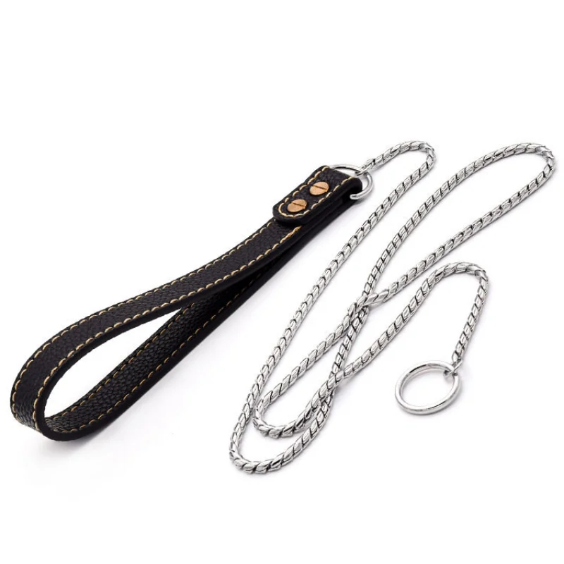 New Integrated Snake Chain P Chain Traction Chain Golden Stainless Steel Collar Dog Rope Dog Walking Dog Harness and Leash Set