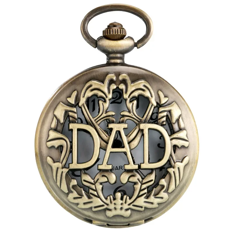 Bronze Pocket Watch Hollow Dad Design Cover Retro Quartz Watches To Father Pendant Necklace Chain Clock Gift for Daddy Reloj