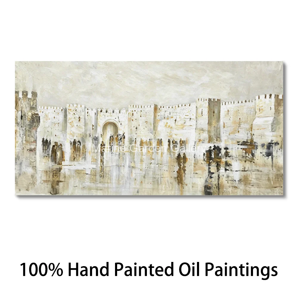 Jerusalem Old City Wall Oil Painting Abstract Gold Hand Painted Canvas Art Neutral Contemporary Decor for Jewish Living Room