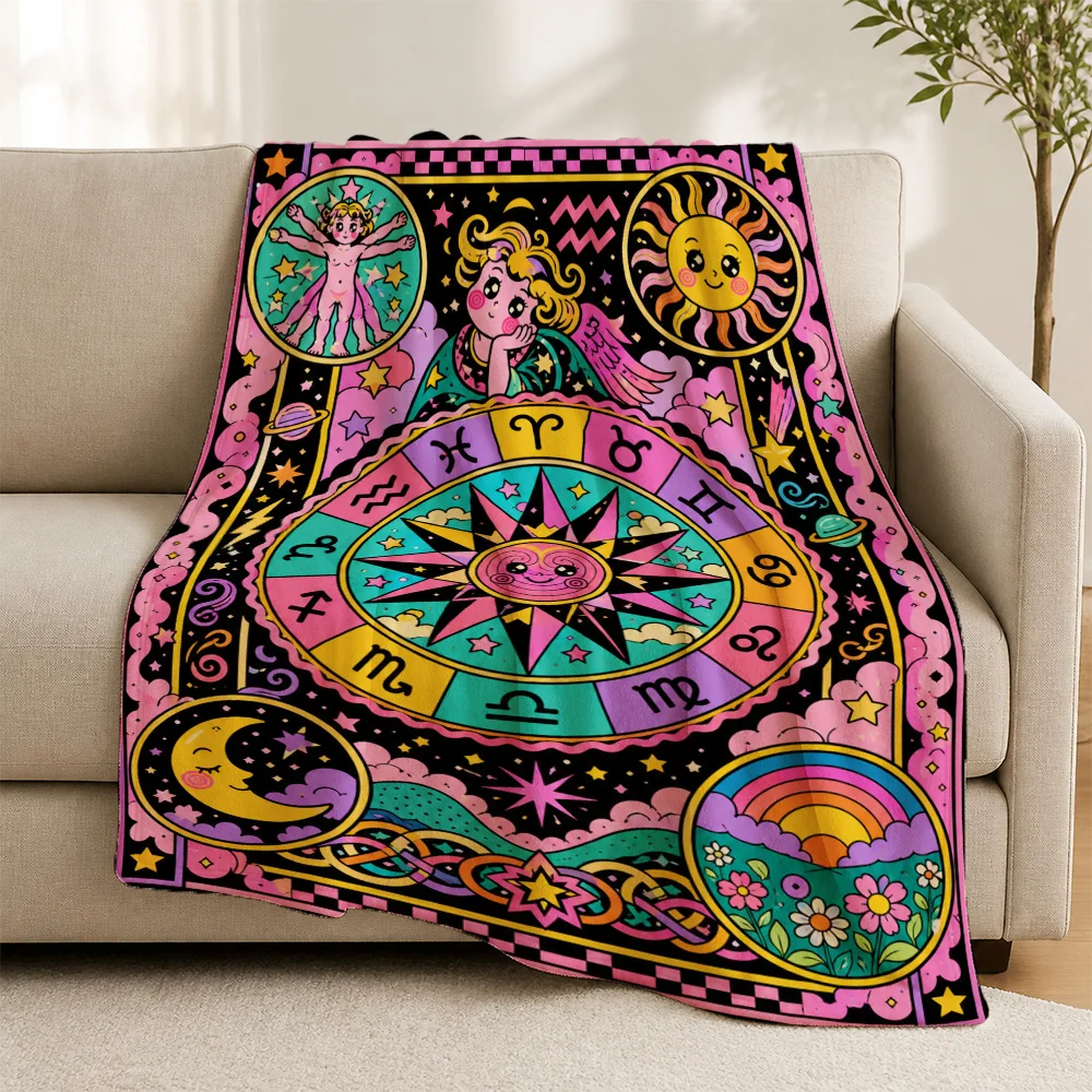 Luxurious Boho Zodiac Astrology Throw Blanket Sofa Decor Cosmic Celestial Horoscope Sign Fleece Throw Couch Cover Gift for Women