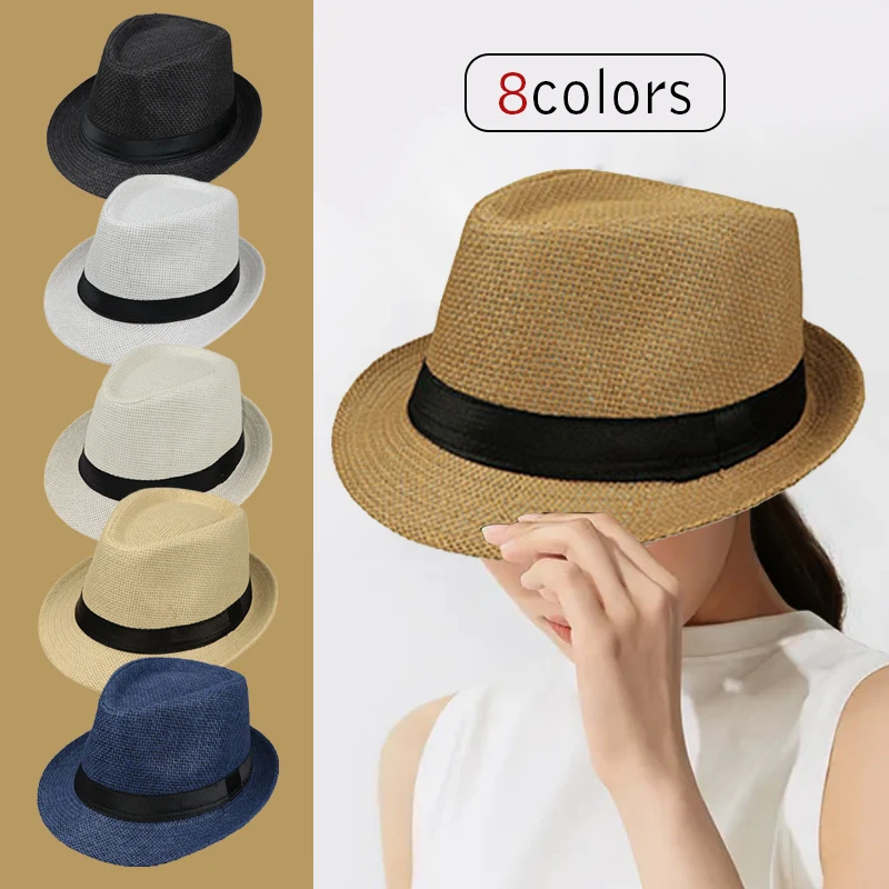 

Unisex Summer Straw Fedora Hat Cuban Sun Cap Panama Short Brim 54/58CM Adult Children British Style Outdoor Beach Straw Hat