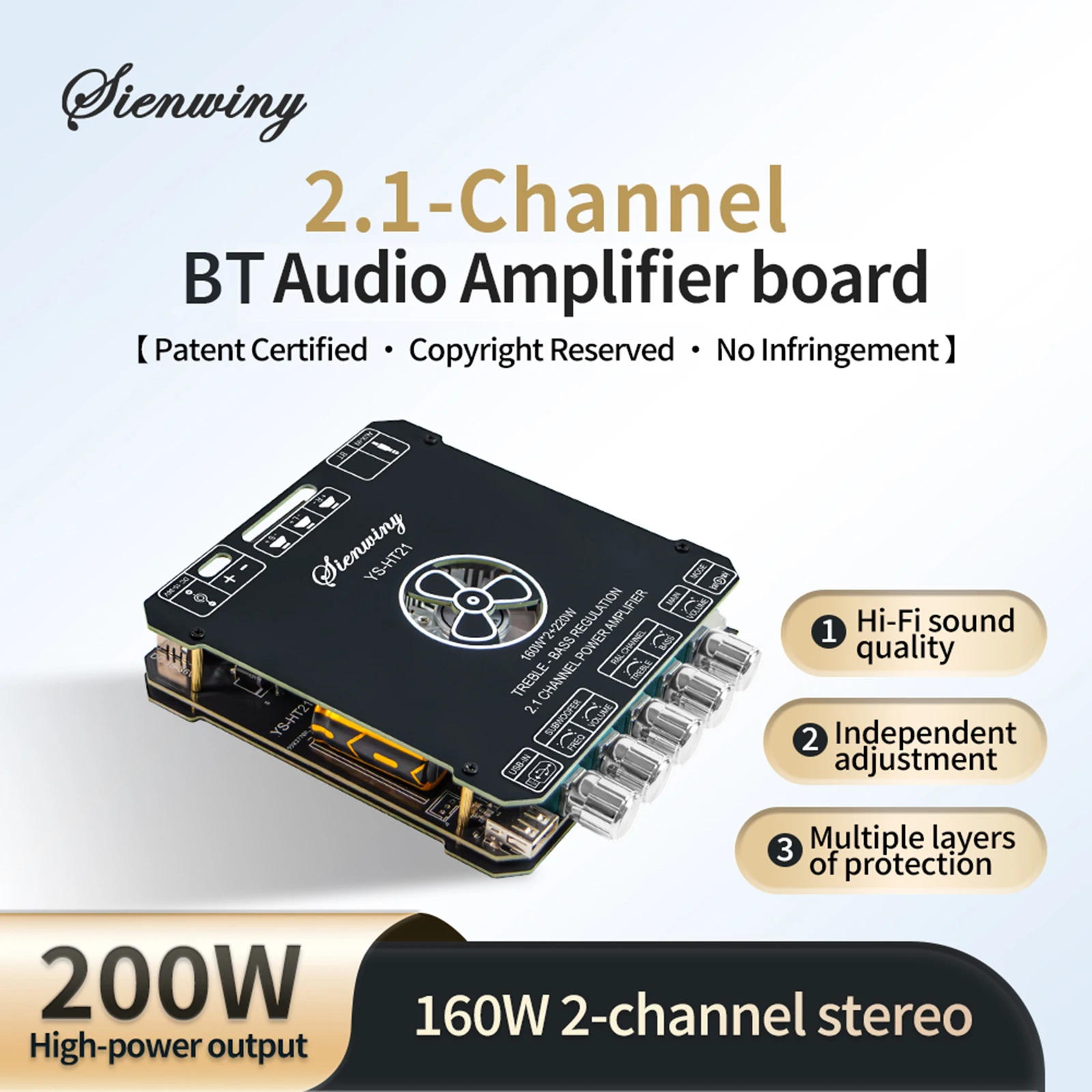 YS-HT21 Upgraded 2.1 Channel Subwoofer Amp Board 2x160W+220W Wireless 5.1 for TWS AUX USB DC15-36V 4-8Ohm Speaker Module