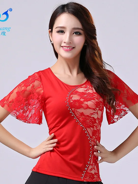 National Standard Dance Modern Lace Top Ballroom Dance Dress New Large Horn Short Sleeve Waltz Dance Costume