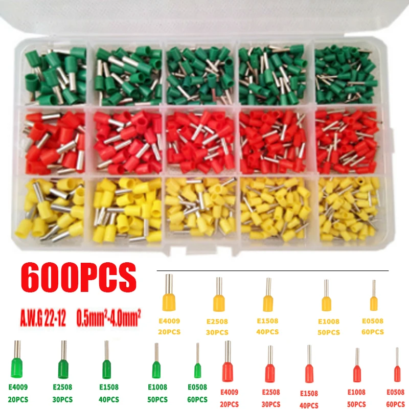 600Pcs Mix Crimping Tube Terminals Connector Cord Pin End Cable Wire Ferrules Crimp Terminals Kit for 22~12AWG