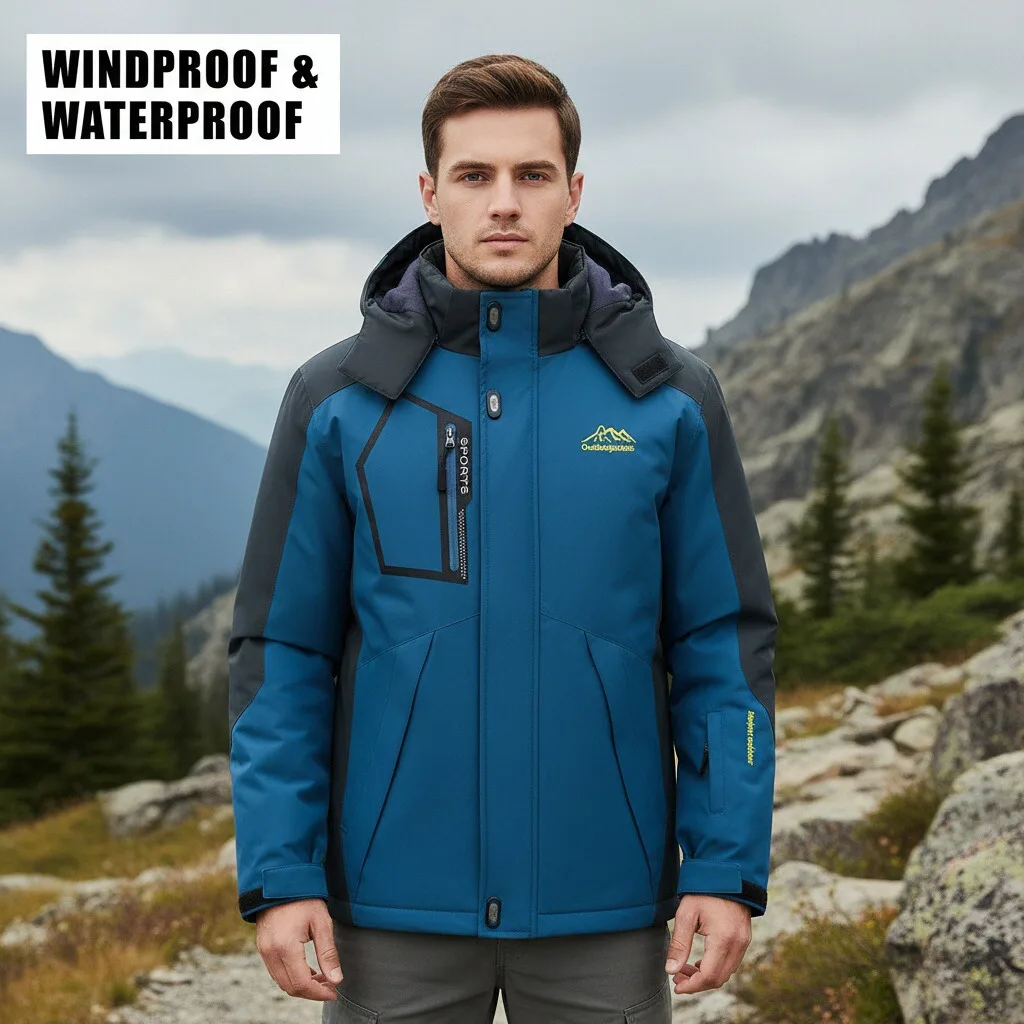 

Mens Warm Padded Jacket Fleece Lined Outdoor Climbing Windproof Coat Detachable Hood Camping Constant Temperature Winter Parka