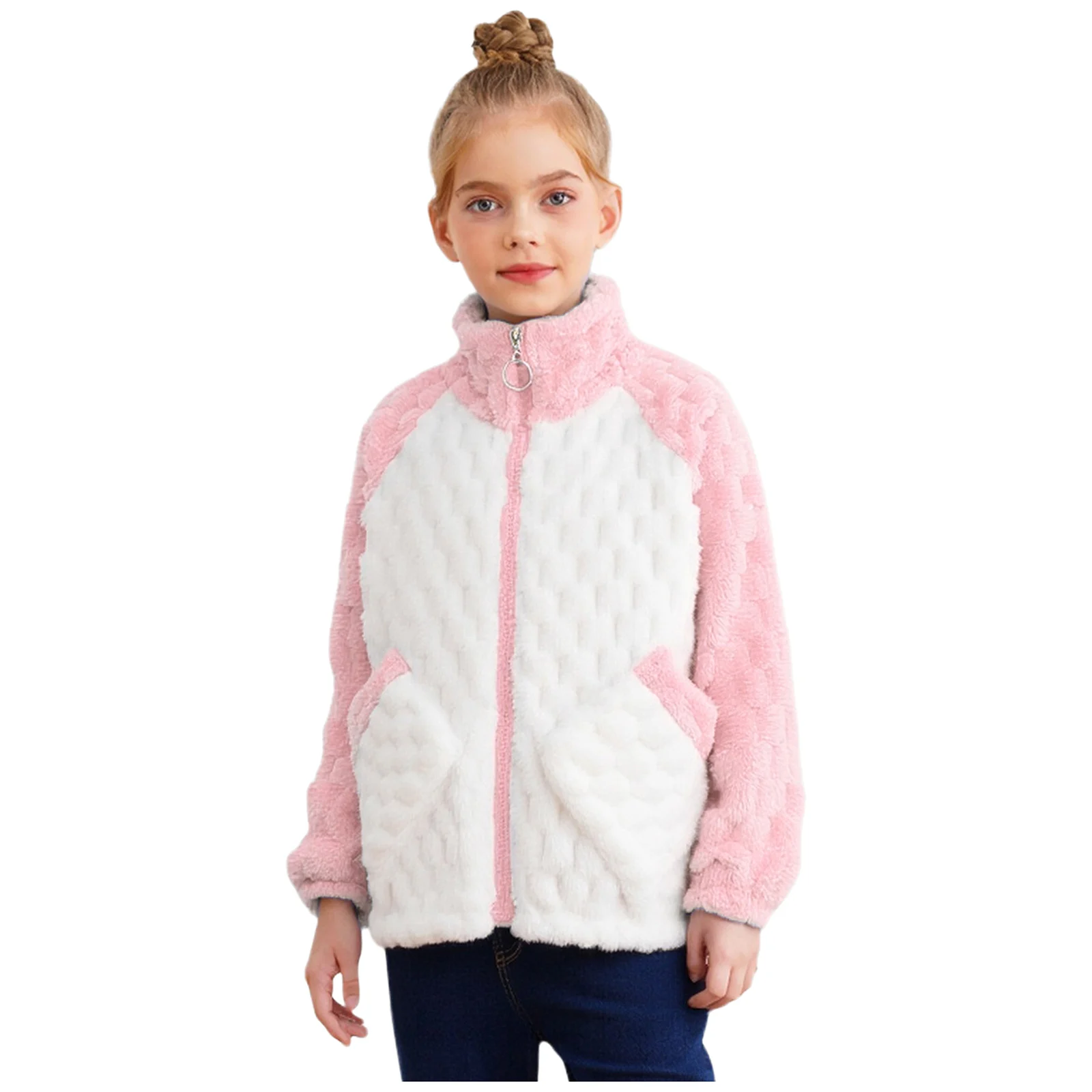 

Kids Boys Girls Coral Fleece Coat Winter Warm Casual Outerwear Stand Collar Long Sleeves Zip-Up Color Block Jacket with Pockets