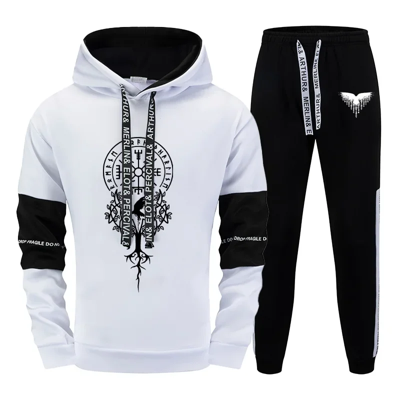 

Городская мода, повседневный спортивный костюм, мужские толстовки с капюшоном, брюки для бега, мужские толстовки с принтом ворона викингов, спортивные штаны