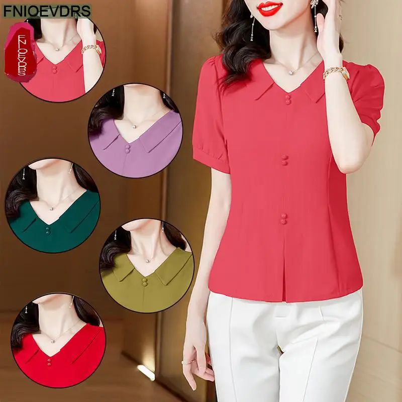 M-5XL 2024 Summer Cute Peplum Tops Women Basic Wear Office Lady Work Pink Green Red Elegant Button Shirts Blouses