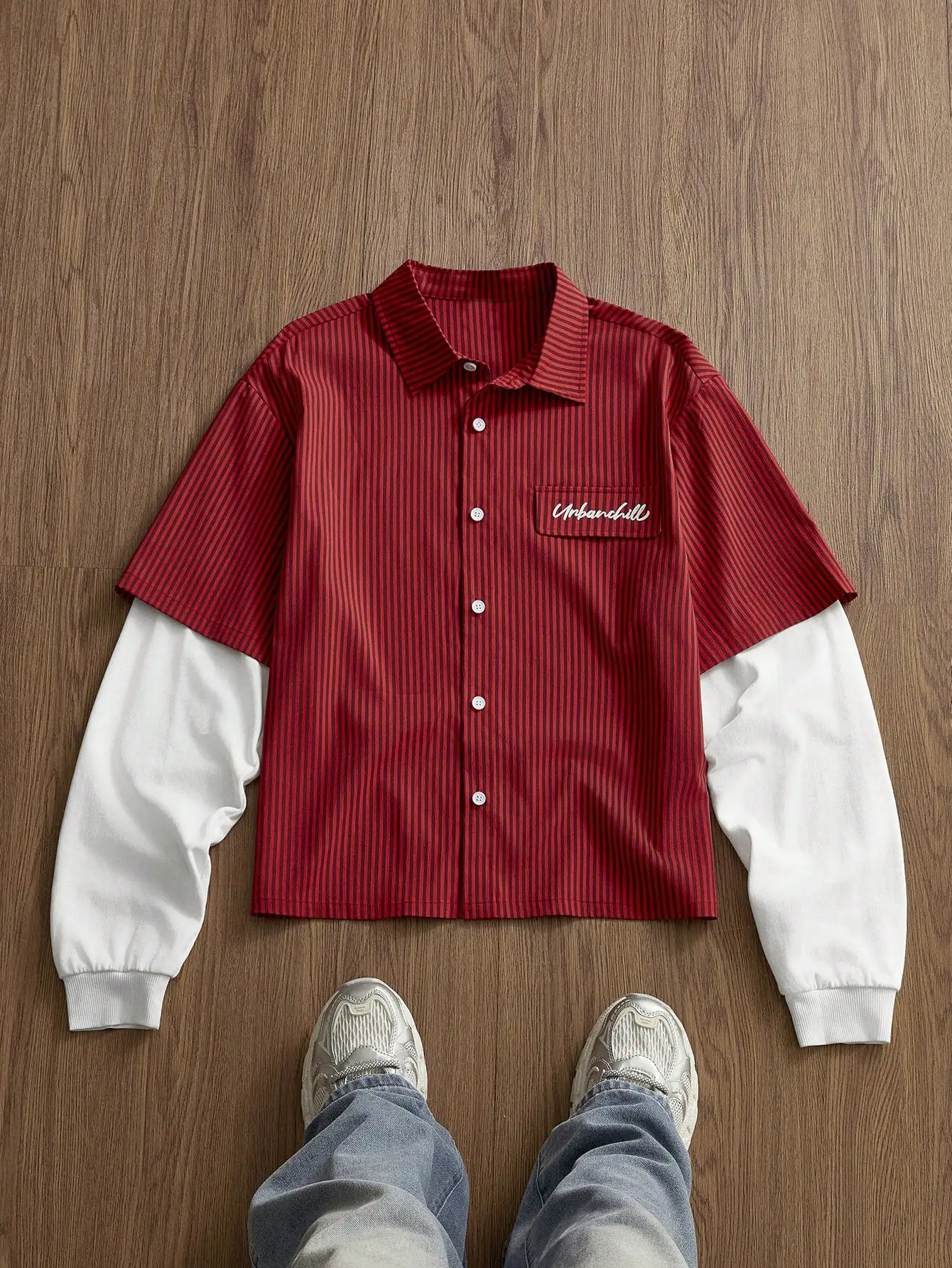 

Red Striped Layered Sleeve Casual Button-Up Shirt for Men