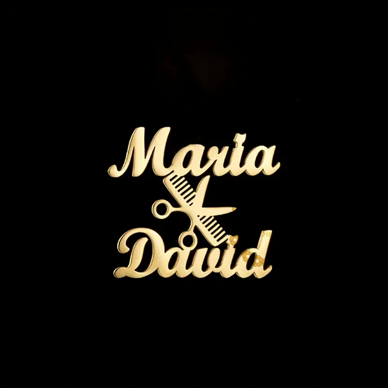Personalized Scissors & Comb Brooch Pin for Hairstylists, Custom Dual Name 18K Golden Plated Stainless Steel, Simple Style - view 2